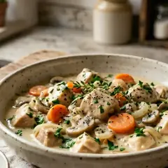 Un réconfortant blanquette de poulet crémeuse avec des champignons, des carottes et des herbes fraîches, servi dans un bol rustique.