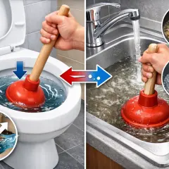 Utilisation d'une ventouse pour le débouchage de canalisation dans une toilette et un évier. Avant/Après montre l'efficacité.