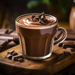 Ein Glas cremiger cioccolata calda, garniert mit Schokoladenstückchen, auf einem Holzbrett mit Kakaopulver und Schokoladenriegeln.
