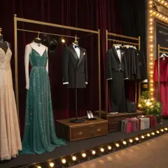 Eleganckie suknie i smokingi na manekinach. Inspiracja, co założyć do teatru, by wyglądać olśniewająco.