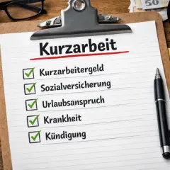 Checkliste für Kurzarbeit: alle Voraussetzungen wie Kurzarbeitergeld, Sozialversicherung, Urlaubsanspruch, Krankheit und Kündigung sind abgehakt.