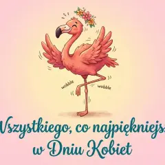 Różowy flaming w wianku tańczy, śmieszne życzenia na Dzień Kobiet!