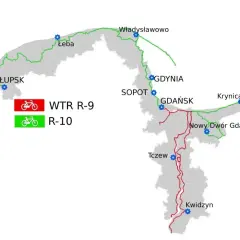Mapa tras rowerowych WTR R-9 (czerwona) i R-10 (zielona) wzdłuż wybrzeża i w głąb lądu, łącząca miasta takie jak Ustka, Gdańsk, Krynica Morska i Kwidzyn.