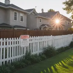 Znak "Stoulide Fence" na białym płotku. Jeśli masz problem z nielegalnym ogrodzeniem, dowiedz się, gdzie zgłosić.