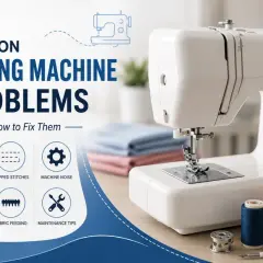 Common sewing machine problems like thread issues, skipped stitches, and bobbin problems are illustrated next to a white sewing machine.