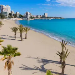 Piękna plaża z palmami i turkusowym morzem. Idealne miejsce na wakacje, pomyśl o lotach Warszawa-Alicante!