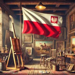 Pracownia artystyczna pełna obrazów z epoki, z polską flagą i orłem. Sztuka 20 lecia międzywojennego w pełnej krasie.
