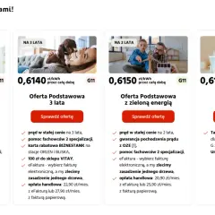 Oferty prądu G11: 2 lata za 0,6150 zł/kWh, 3 lata za 0,6140 zł/kWh, z zieloną energią za 0,6150 zł/kWh. Opłata handlowa od 20,90 zł.