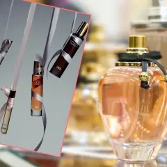 Perfumy Zara Gardenia odpowiednik. Eleganckie flakoniki z wstążkami, w tym "Hypnotic Vanilla" i "Golden Decade", obok dużej, ozdobnej butelki.
