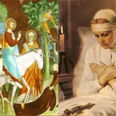 Jezus na osiołku w tłumie ludzi i kobieta w białej opasce na głowie, która została wskrzeszona przez Jezusa.