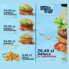 Menu z burgerami Drwala. Klasyczny, podwójny, z kurczakiem i żurawiną. Obok frytki zakręcone. Ile kalorii ma burger wołowy z frytkami?