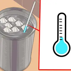 Termómetro mide la temperatura del agua con cubitos de hielo. Se busca la humedad especifica para un experimento.
