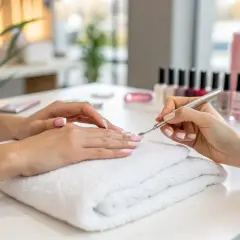 Delikatny manicure hybrydowy w pastelowych kolorach. Dłonie klientki spoczywają na białym ręczniku, podczas gdy stylistka precyzyjnie pracuje nad paznokciami.
