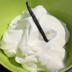 Puszysty krem z serka homogenizowanego z prawdziwą wanilią, podany w zielonej miseczce.