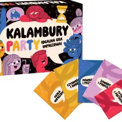 Gra "Kalambury Party" z hasłami do kalambur śmieszne. Idealna na imprezy, dla graczy od 16 lat. W zestawie karty z kategoriami: hasła imprezowe, czynności i hobby, zwierzęta i przyroda, zawody i profesje, tytuły i postacie.