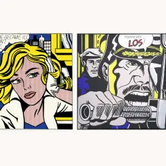 Deux œuvres de Roy Lichtenstein : une femme blonde inquiète et un soldat criant "TORPEDO... LOS!".