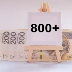 Na sztaludze napis "800+". Za nią stos banknotów 200 zł.