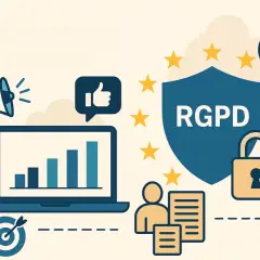 Icônes de marketing et de conformité RGPD pour une campagne numérique réussie : mégaphone, graphique, cible, pouce levé, bouclier, cadenas et étoiles.