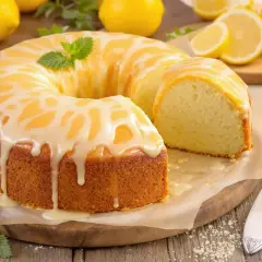 Un délicieux cake au citron, nappé d'un glaçage blanc et jaune, décoré de menthe fraîche. Des citrons entiers et coupés entourent ce gâteau savoureux.