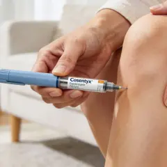 Osoba wykonuje zastrzyk z Cosentyx 60 mg, który pomaga w leczeniu chorób autoimmunologicznych.