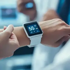Biały smartwatch na nadgarstku pokazuje 55 uderzeń na minutę, co oznacza puls norma.