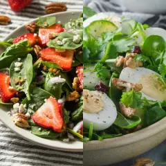 Dos ensaladas de espinacas: una con fresas, nueces y queso feta; la otra con huevo duro, pepino y cilantro.