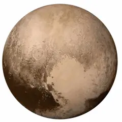 Pluton, co to jest planeta? Ta skalista planeta karłowata ma brązowo-beżową powierzchnię z widocznymi kraterami i jaśniejszymi obszarami.