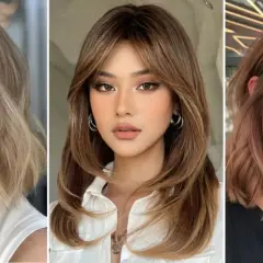 Tres mujeres con estilos de corte de pelo que favorecen la cara ovalada. Cortes modernos y favorecedores.