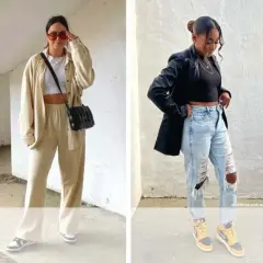 Cuatro looks de moda, uno con estilo cutecore, combinando prendas casuales y chic para un look urbano.