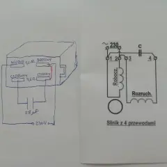 Schemat podłączenia silnika jednofazowego z kondensatorem 28 µF do sieci 230V. Pokazuje uzwojenia robocze i rozruchowe.