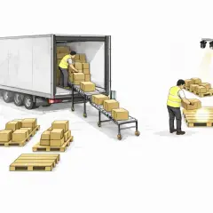 Lagerarbeiter beladen einen LKW per Förderband. Ein weiterer Mitarbeiter sortiert Pakete für den multi order picking Prozess.