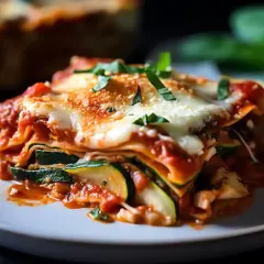 Une part généreuse de lasagne légume du soleil, avec des couches de courgettes, sauce tomate et fromage fondant, garnie de basilic frais.