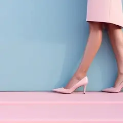 Nogi w różowych szpilkach na tle błękitnej ściany. Visone jaki to kolor? Delikatny, pastelowy róż.