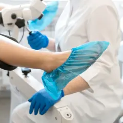 Noga pacjentki w niebieskim ochraniaczu na fotelu ginekologicznym, lekarz w rękawiczkach.