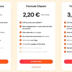 Comparaison des formules de **prix télépeage** : Frequence (1,90€/mois), Classic (2,20€/mois utilisé), Premium (3,80€/mois utilisé). Options et services inclus.