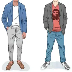 Två män visar upp stilar med t-shirt under kavaj. Den ena bär en blå kavaj med vit t-shirt och grå byxor, den andra en grå kavaj med röd t-shirt och jeans.