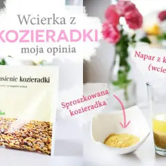 Domowy napar z kozieradki na włosy. Widać opakowanie nasion, proszek i gotowy napój.