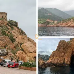 Vue de la tour génoise et des roches rouges spectaculaires de Porto Corse. La mer calme reflète le ciel couvert.