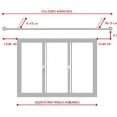 Schemat pokazuje, jak zamontować karnisz: odległość od ściany 10-15 cm, od sufitu 5-7 cm. Długość karnisza i szerokość wnęki okiennej.