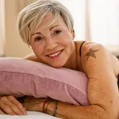 Lächelnde Frau mit kurzem blonden Haar und einem Stern-Tattoo auf der Schulter, das zeigt, dass Tattoos im Alter zeitlos sind.