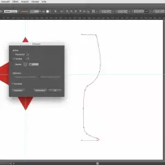 Illustrator-Fenster zeigt das Dialogfeld "Spiegeln" mit vertikaler Achse und Vorschau. Ein rotes Quadrat wird vertikal gespiegelt.
