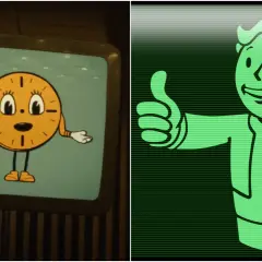 A retro clock character and Vault Boy giving a thumbs-up, both in a distinct fallout art style.