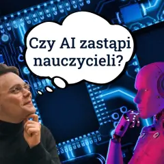 Mężczyzna zamyślony nad pytaniem, czy AI zastąpi nauczycieli, obok niego robot. W tle obwody drukowane. Talkpal.