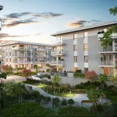 Nowoczesne mieszkania do wynajęcia Suwałki. Eleganckie apartamenty z balkonami, zielony dziedziniec, ławki, drzewa i krzewy.