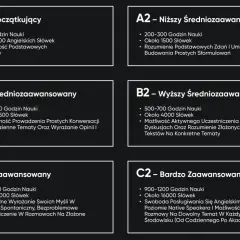 Poziomy biegłości językowej: od A1 (początkujący) do C2 (bardzo zaawansowany), z opisem godzin nauki, słownictwa i umiejętności, np. dla B2 (wyższy średniozaawansowany) - 500-700h, 4000 słów.