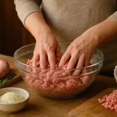 Préparation d'une recette avec du saucisson sec. Mains mélangeant de la viande hachée dans un bol, avec des ingrédients comme de l'ail et du fromage râpé à proximité.