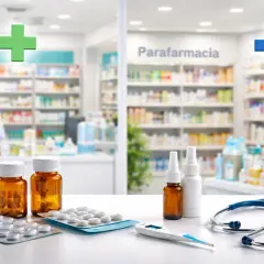 Farmacia con scaffali pieni di prodotti. Sul bancone, integratori, blister di pillole, spray nasali, termometro e stetoscopio. Gli integratori sono parafarmaci.