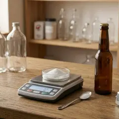 Balance de précision pesant une poudre blanche, peut-être la formule sucre pour une boisson. Bouteilles vides et une bouteille de bière ambrée à proximité.