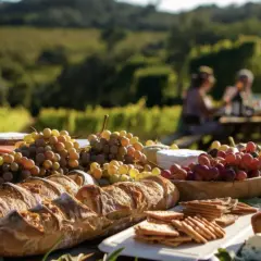 Un banchetto all'aperto tra i vigneti della Maremma: pane, formaggi, uva e vino, con persone che chiacchierano in lontananza.