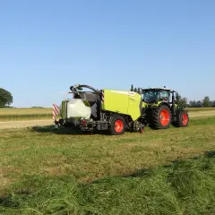 Ciągnik z prasoowijarką pracuje na polu, tworząc baloty. W tle widać łan zboża i drzewa.